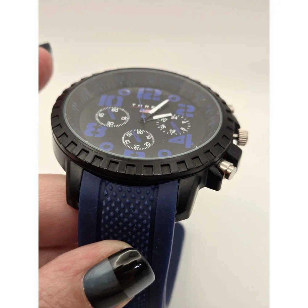Accutime THRE3 Mens Sport Watch Black/Blue Dial Tachymeter Quartz Blue Silicone